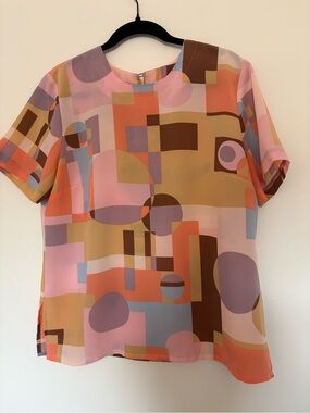 KC Studio womens vintage short sleeve geometric print top blouse